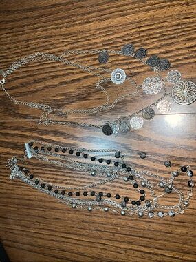 Silver-Tone Layered Pendant Necklace with Black Bead Chains